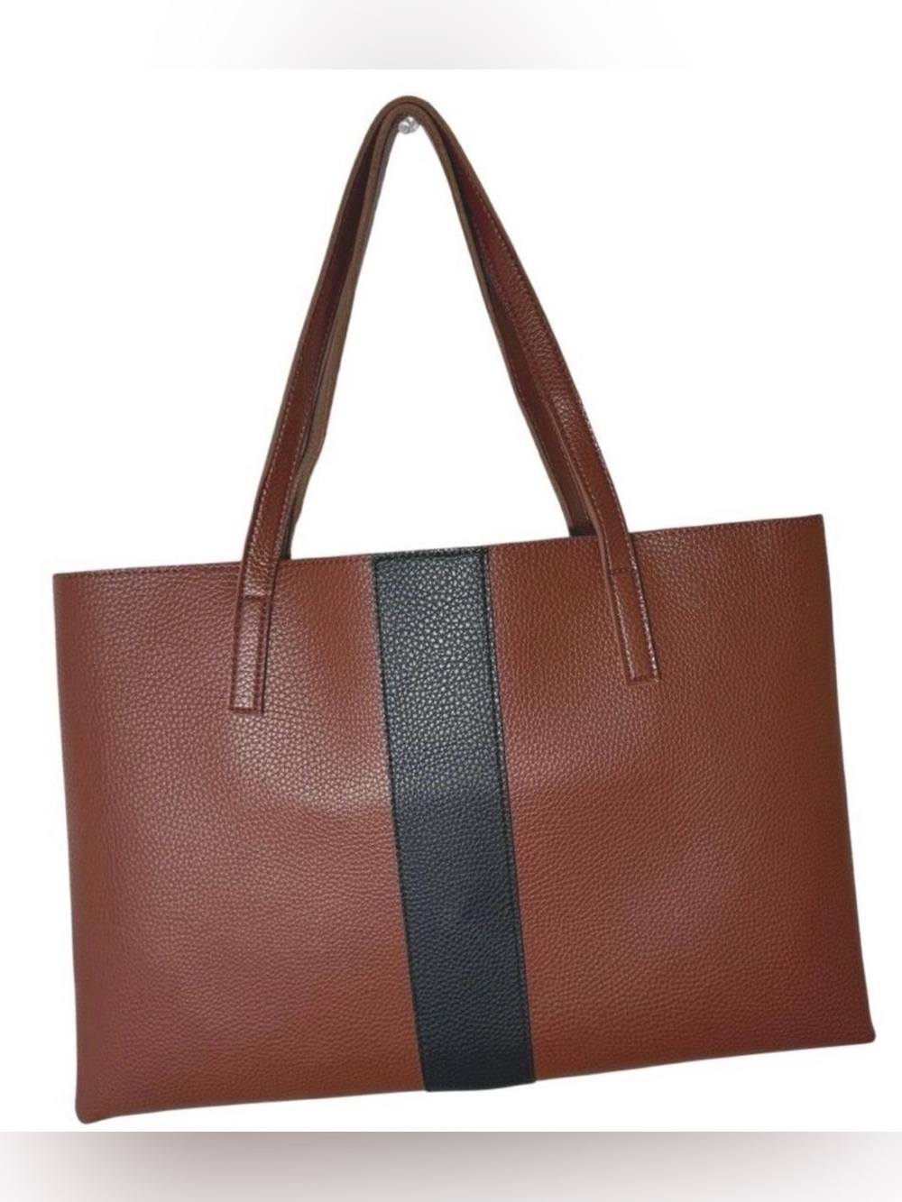 NWOT Vince Camuto Brown Vegan Leather Black Stripe Tote Laptop Bag Shoulder Bag